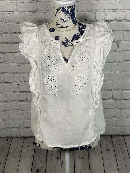 Calypso St. Barth Tops - Calypso St.Barth White 100% Cotton Eyelet/ Embroidered Flutter Sleeve Top Size M
